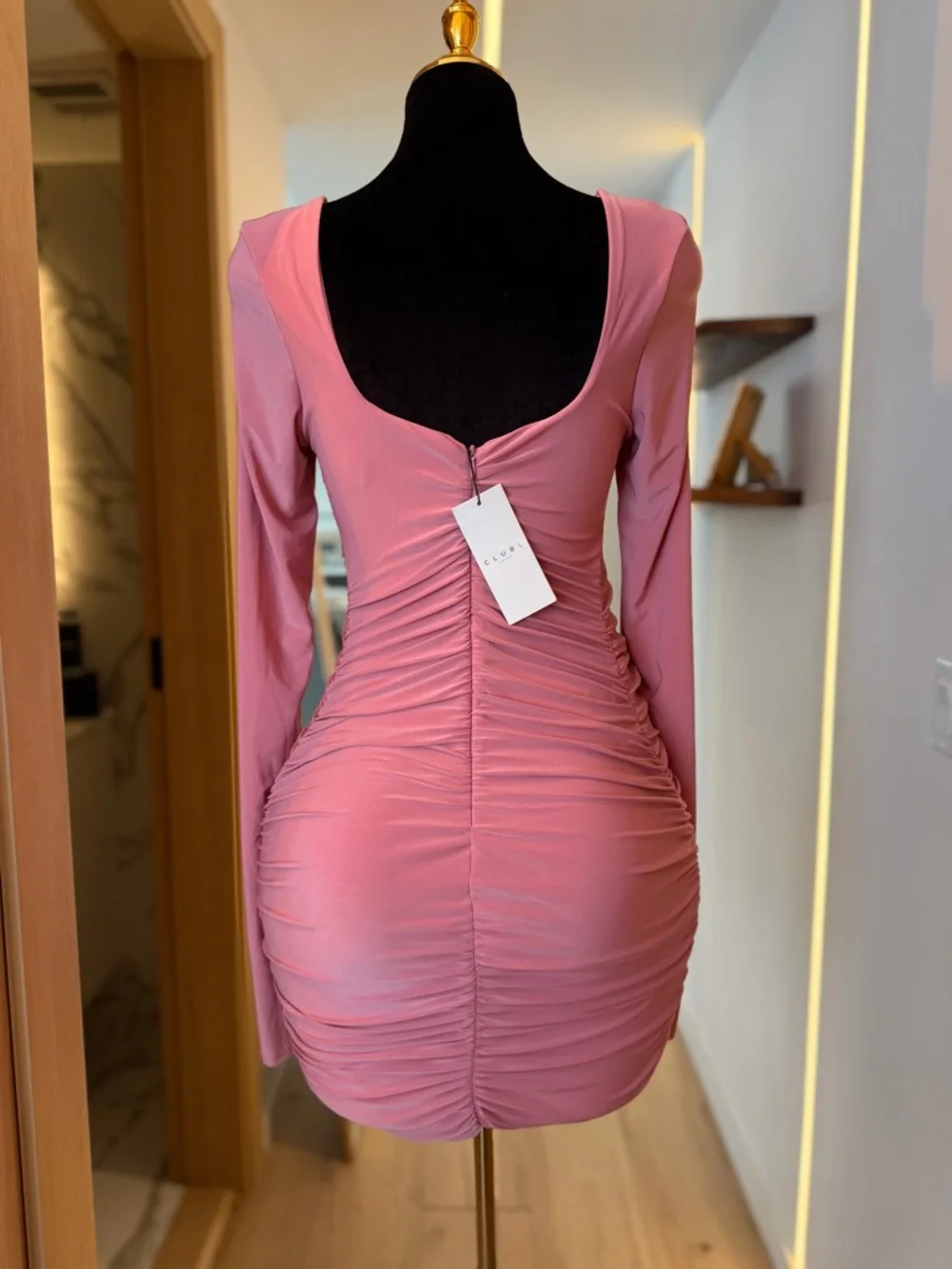 Club London Rose Pink Ruched Long Sleeve Mini Dress | Sculpted Muse - Picture 5 of 6